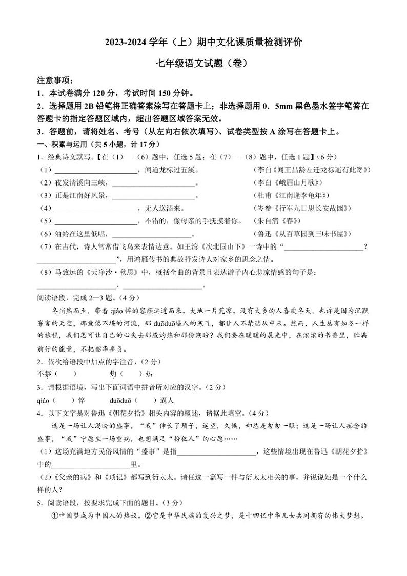 [语文][期中]陕西省渭南市澄城县2023～2024学年七年级上学期期中试题(有答案)01