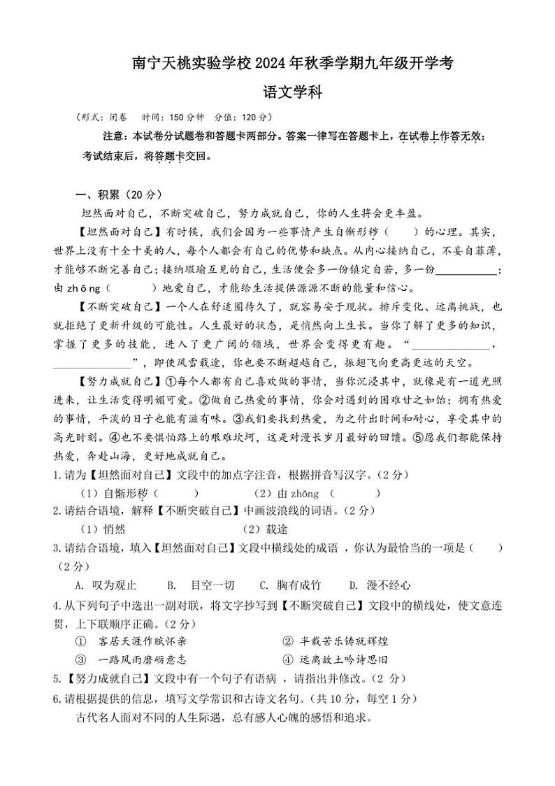 [语文]广西壮族自治区南宁市天桃实验学校2024～2025学年九年级上学期开学试题(有答案)01