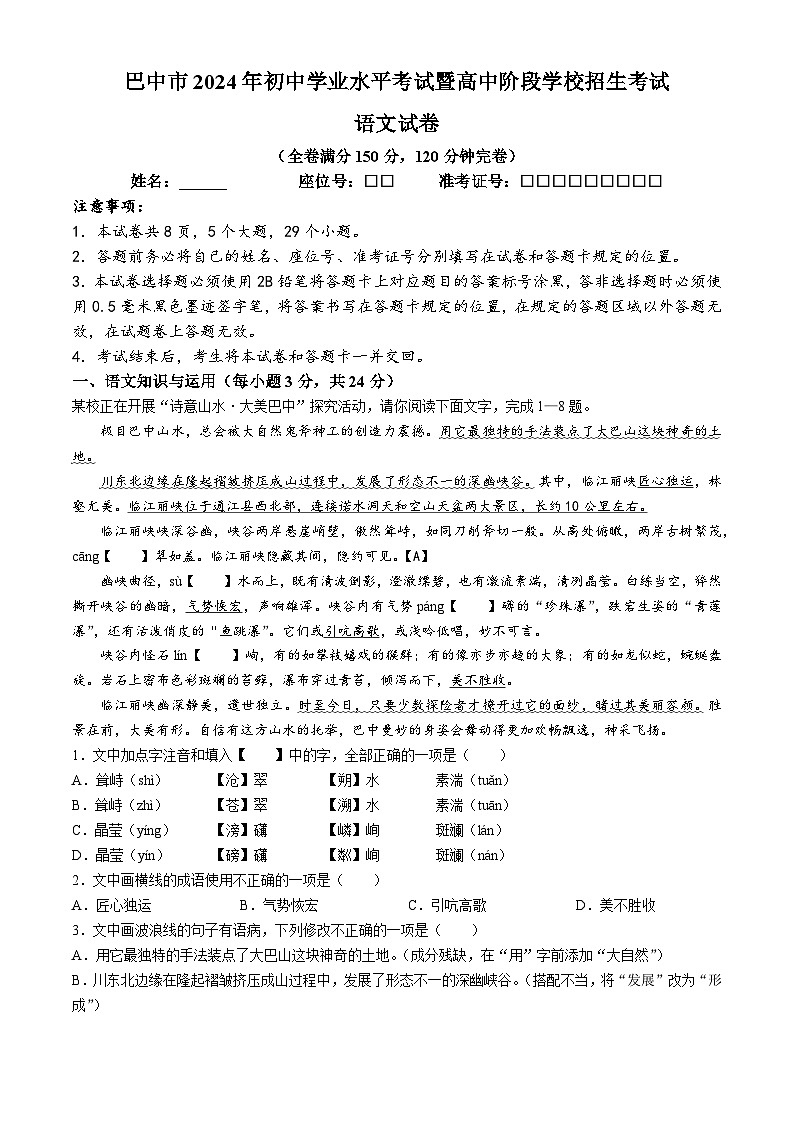 2024年四川省巴中市中考语文真题01