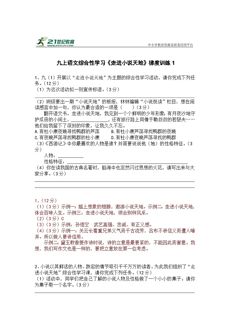 人教部编版九上语文综合性学习《走进小说天地》梯度训练101