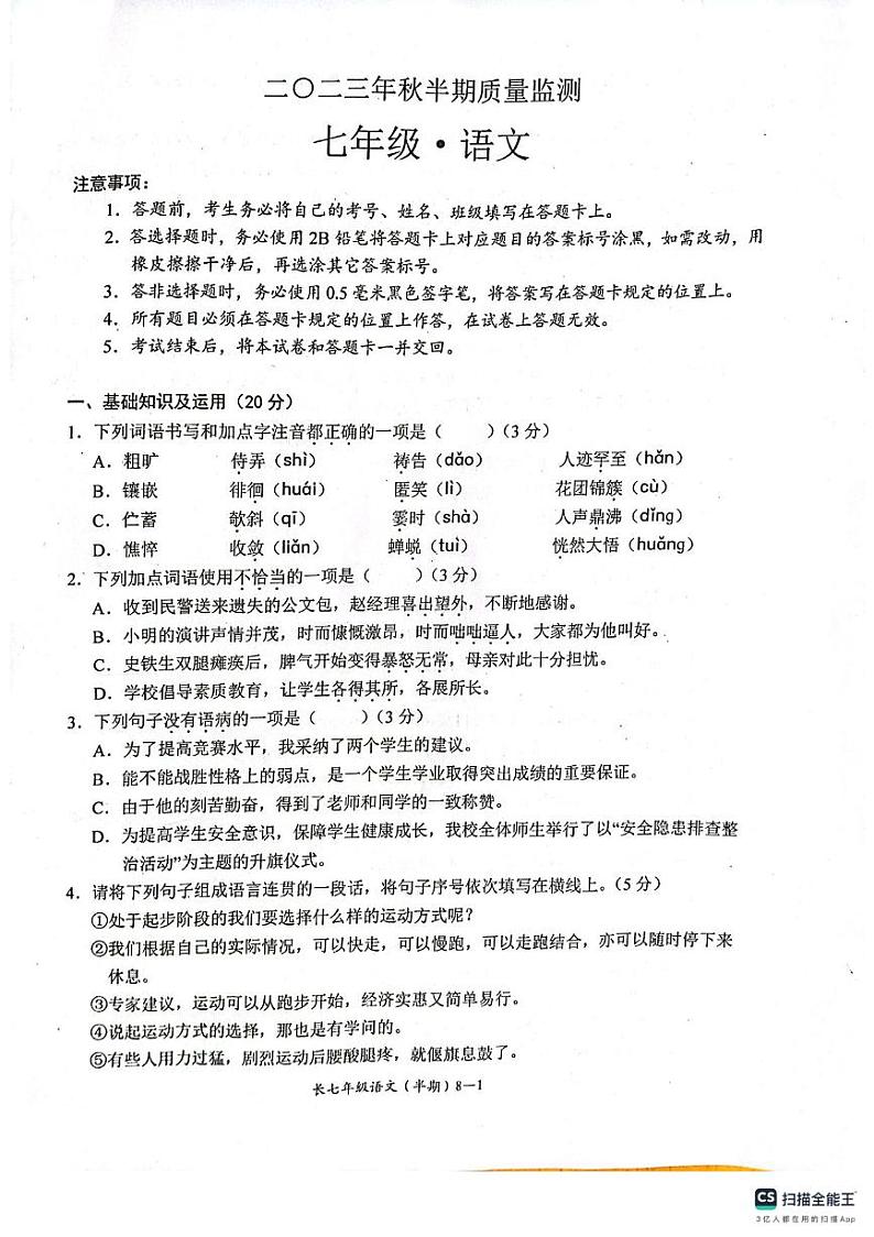 四川省宜宾市长宁县2023-2024学年七年级上学期期中考试语文试题01