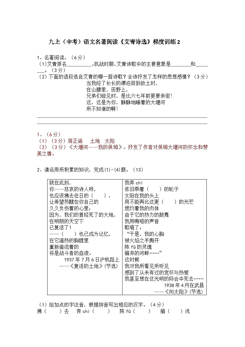 人教部编版九上（中考）语文名著阅读《艾青诗选》梯度训练201