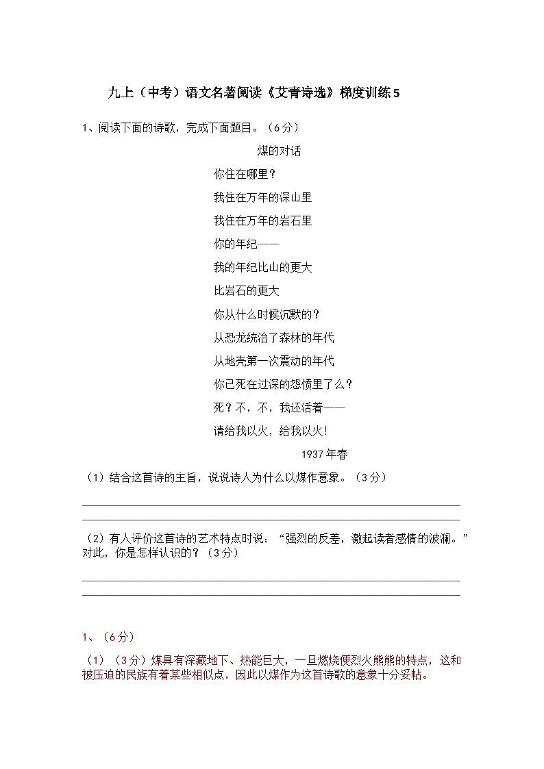 人教部编版九上（中考）语文名著阅读《艾青诗选》梯度训练501