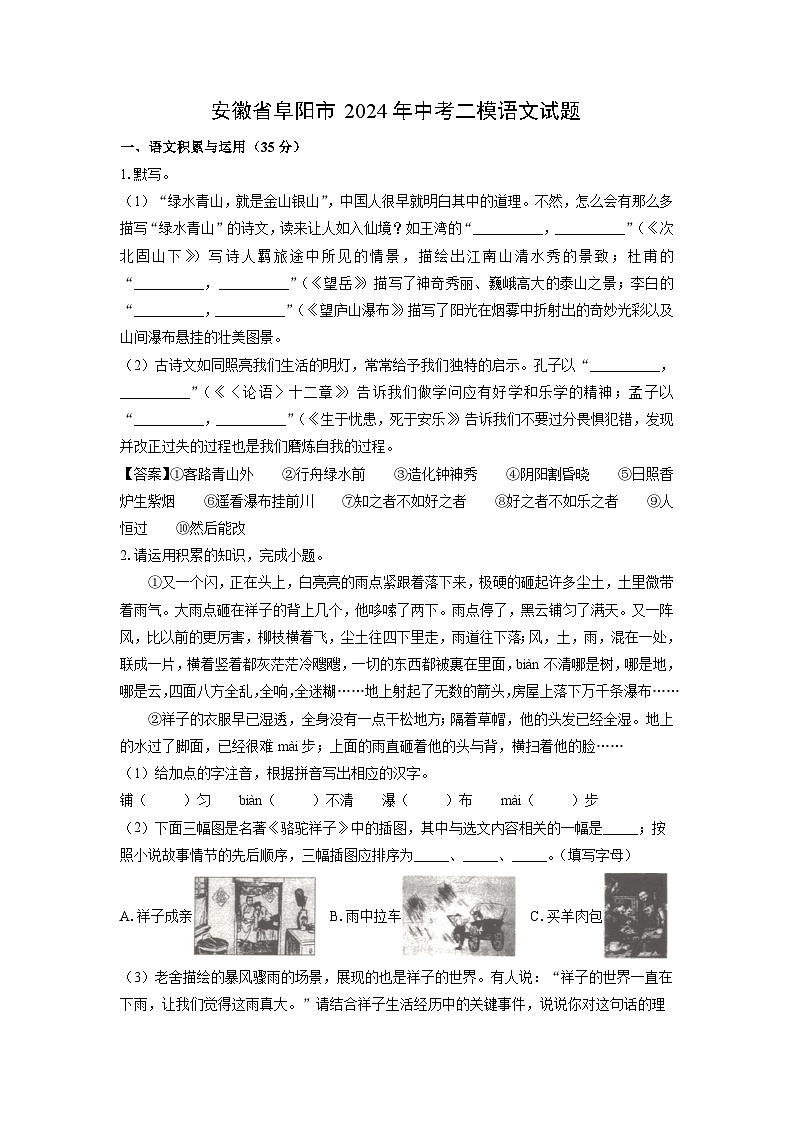 [语文][二模]安徽省阜阳市2024年中考试题(解析版)01