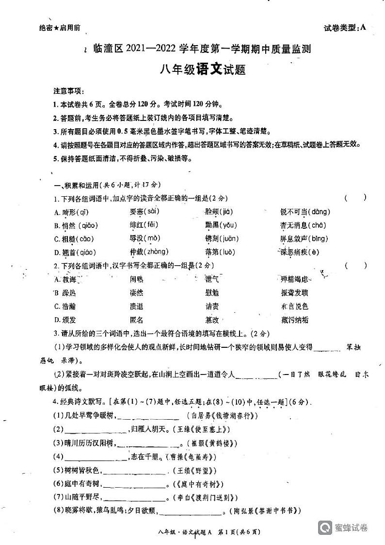 陕西省西安市临潼区代王初级中学2021-2022学年九年级上学期期中考试语文试卷01