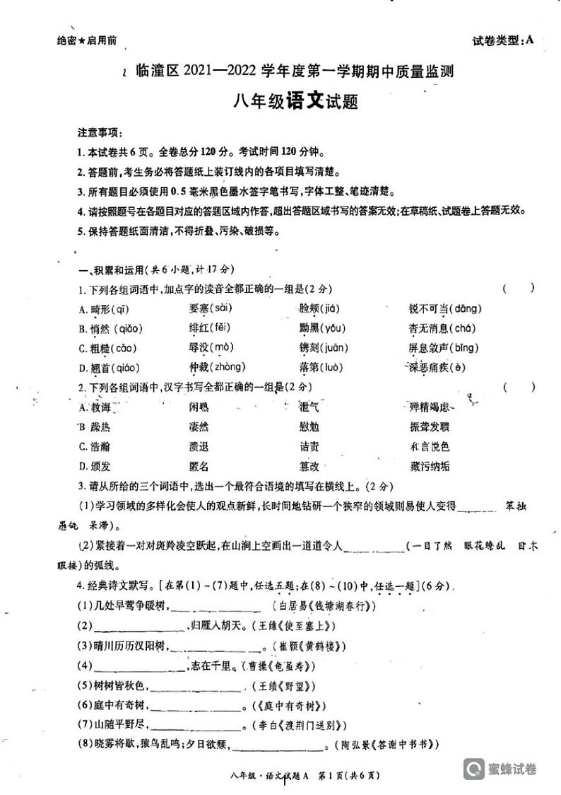 [语文][期中]陕西省西安市临潼区代王初级中学2021～2022学年九年级上学期期中考试试卷(有答案)第1页