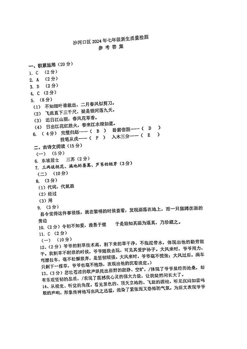 辽宁省大连市沙河口区2024—2025学年七年级上学期开学摸底语文试卷01