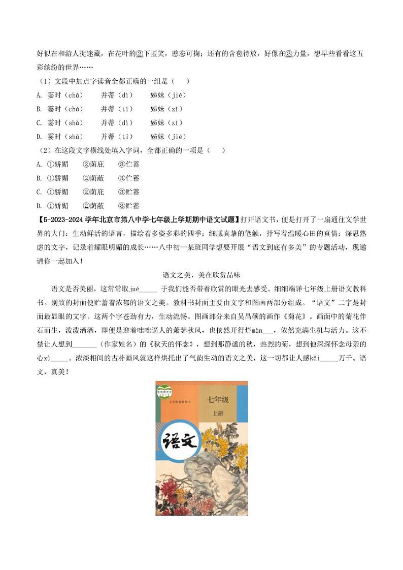 专题02 字音字形-备战2024-2025学年七年级语文上学期期中真题分类汇编 练习（北京专用）（含答案）03