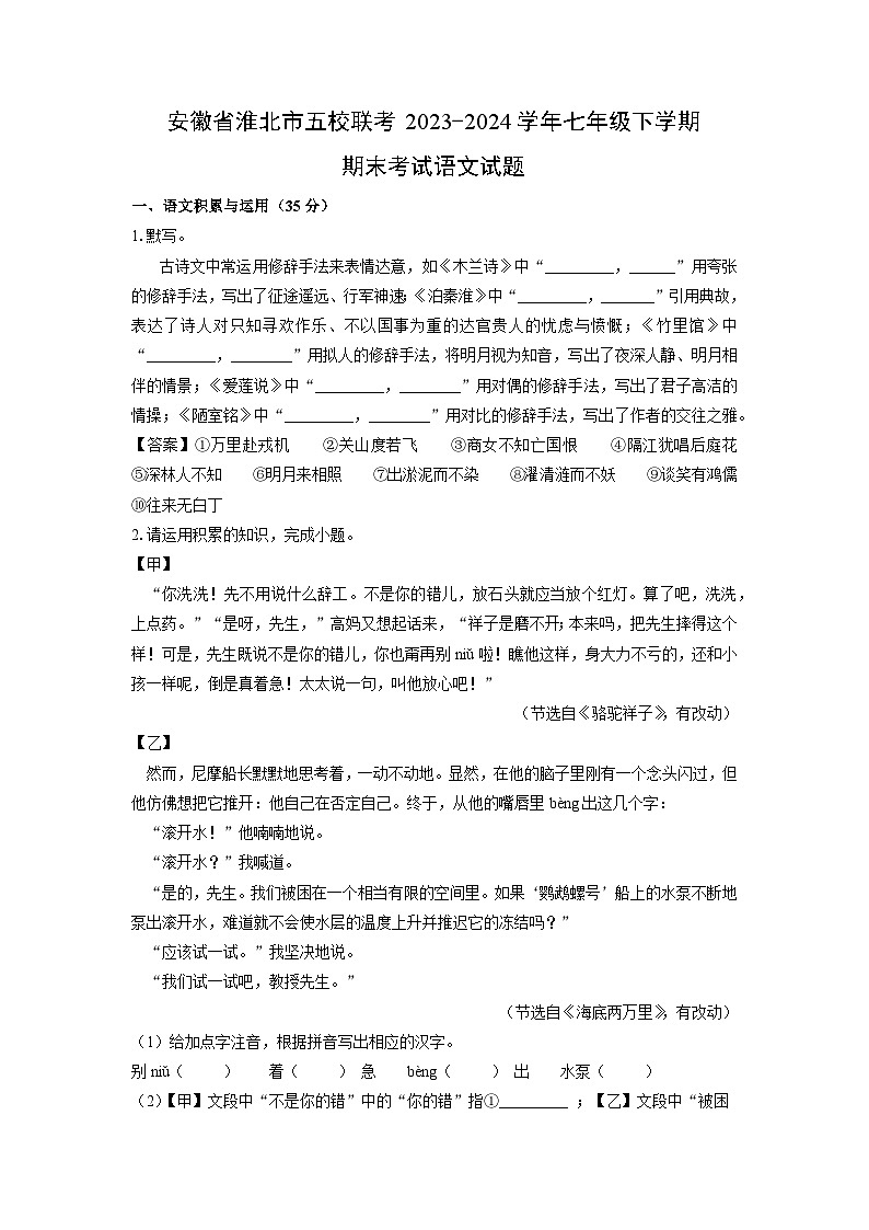 [语文]安徽省淮北市五校联考2023-2024学年七年级下学期期末考试试题(解析版)01