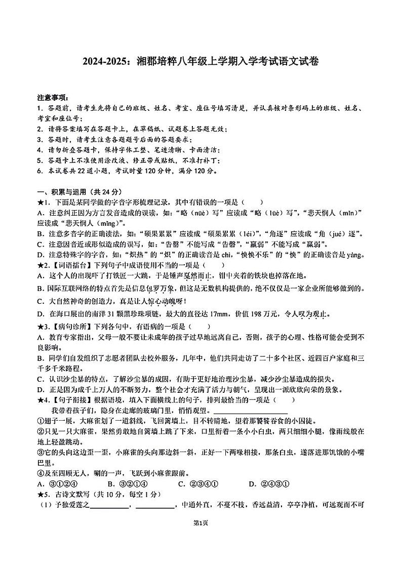 湖南省长沙市湘郡培粹晚安亲爱的验中学2024-2025学年八年级上学期开学测试语文试题01