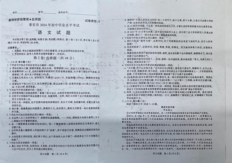 2024年山东省泰安市中考语文真题01