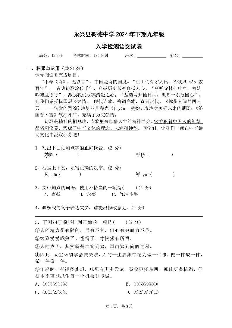 湖南省永兴县树德初级中学2024-2025学年九年级上学期入学考试语文试题01