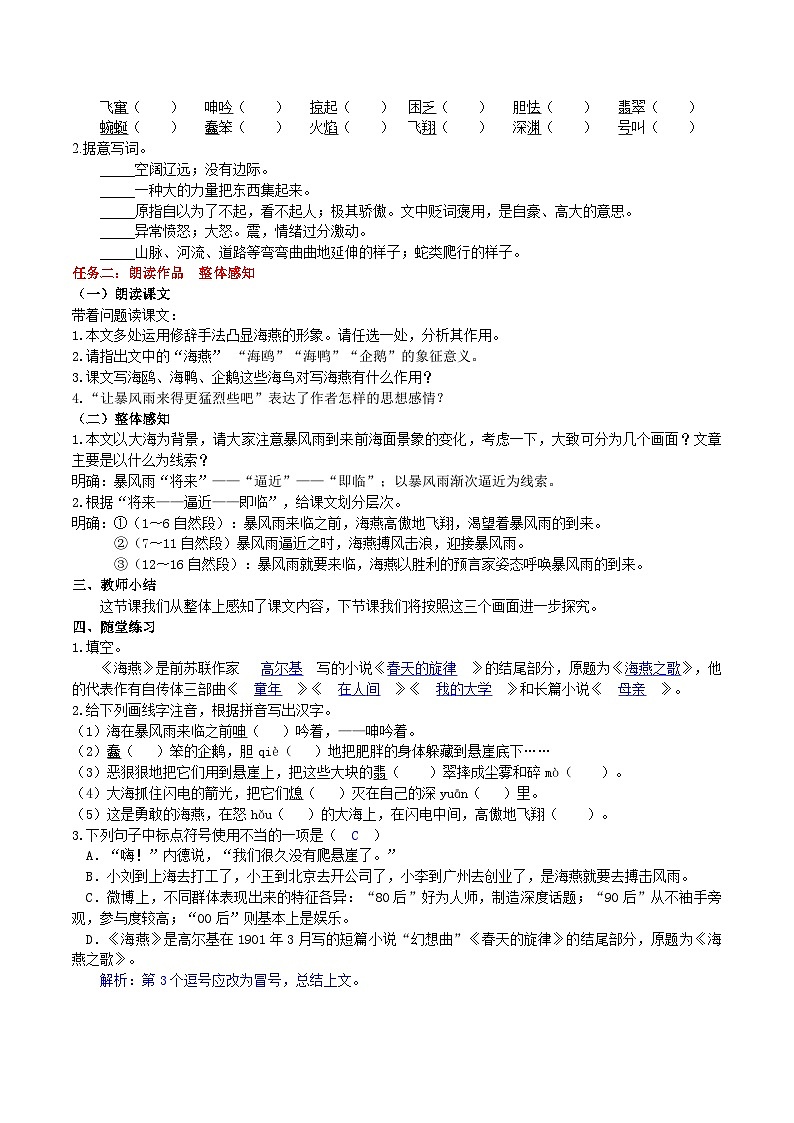 【任务型教学】2025部编初中语文九下4《海燕》 课件+教案+导学案（师生版）+同步测试（含答案）02