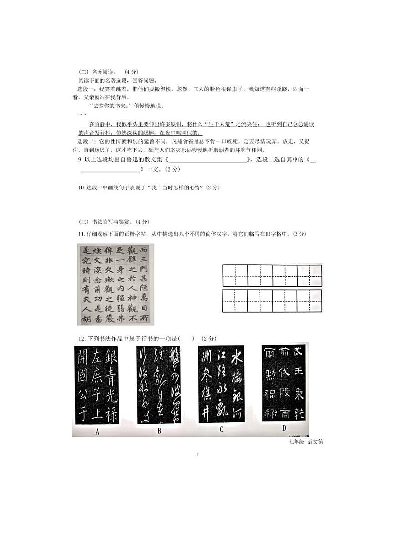 云南省文山壮族苗族自治州文山市2024～2025学年七年级上学期9月月考语文试题（含答案）03