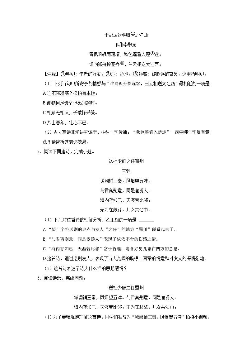 2023年中考语文二轮专题复习：古诗词赏析送别抒情专题训练（二）第2页
