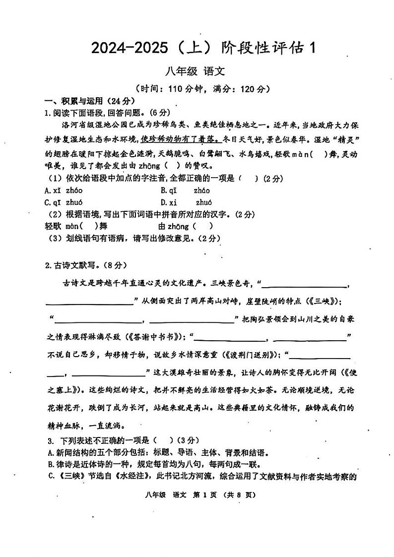 河南省实验中学2024-2025学年八年级上学期第一次月考语文试题01