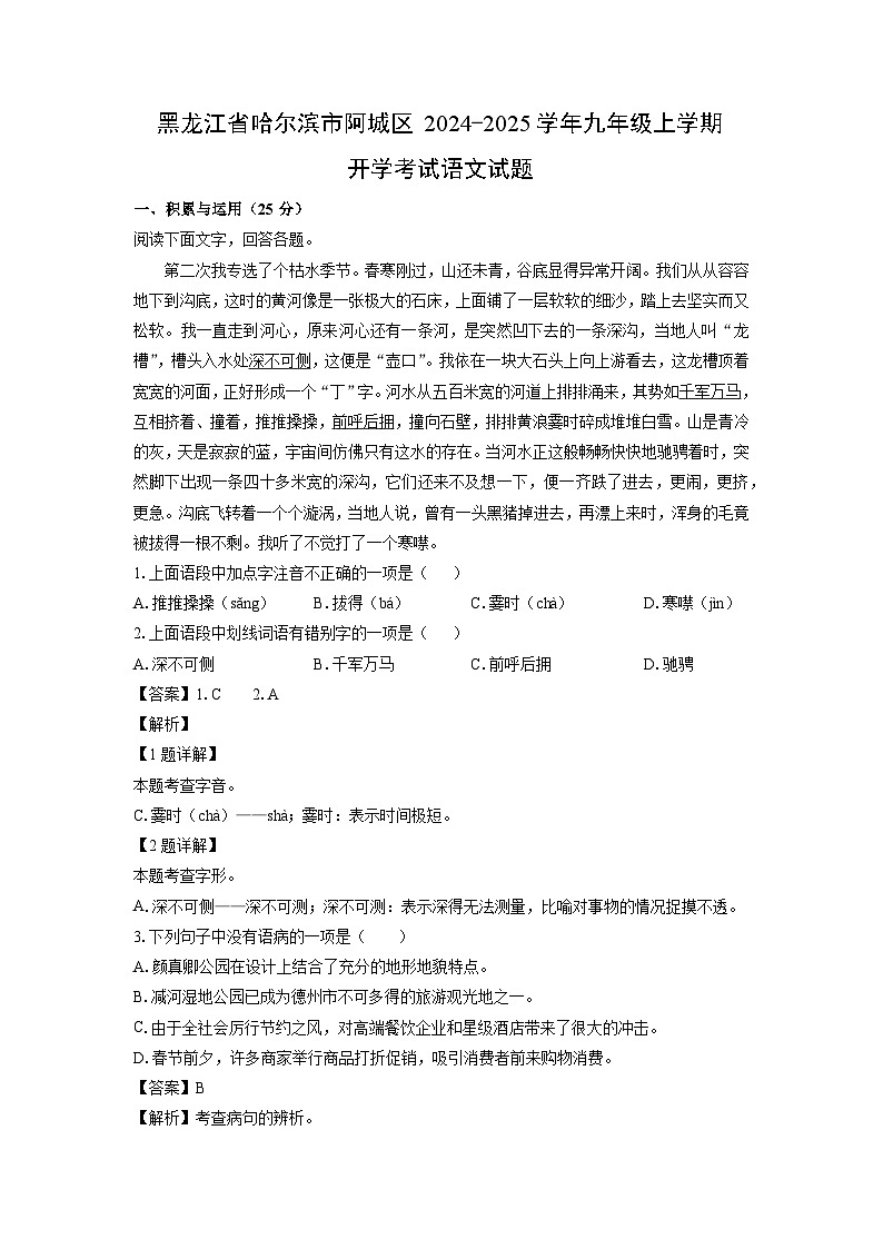 [语文]黑龙江省哈尔滨市阿城区2024-2025学年九年级上学期开学考试试题(解析版)第1页
