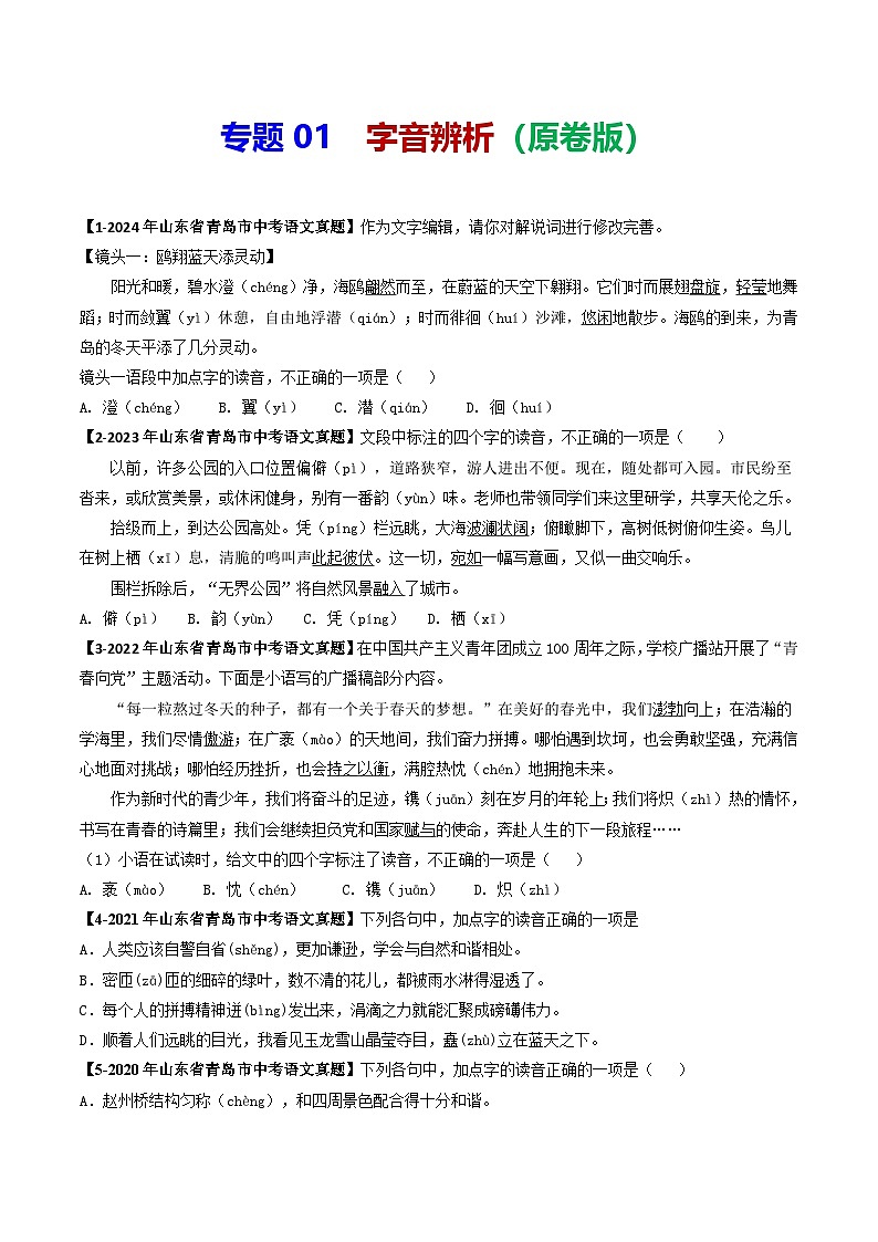 专题01 字音辨析-备战2025年中考语文专项精练（山东青岛专用）（原卷版）第1页