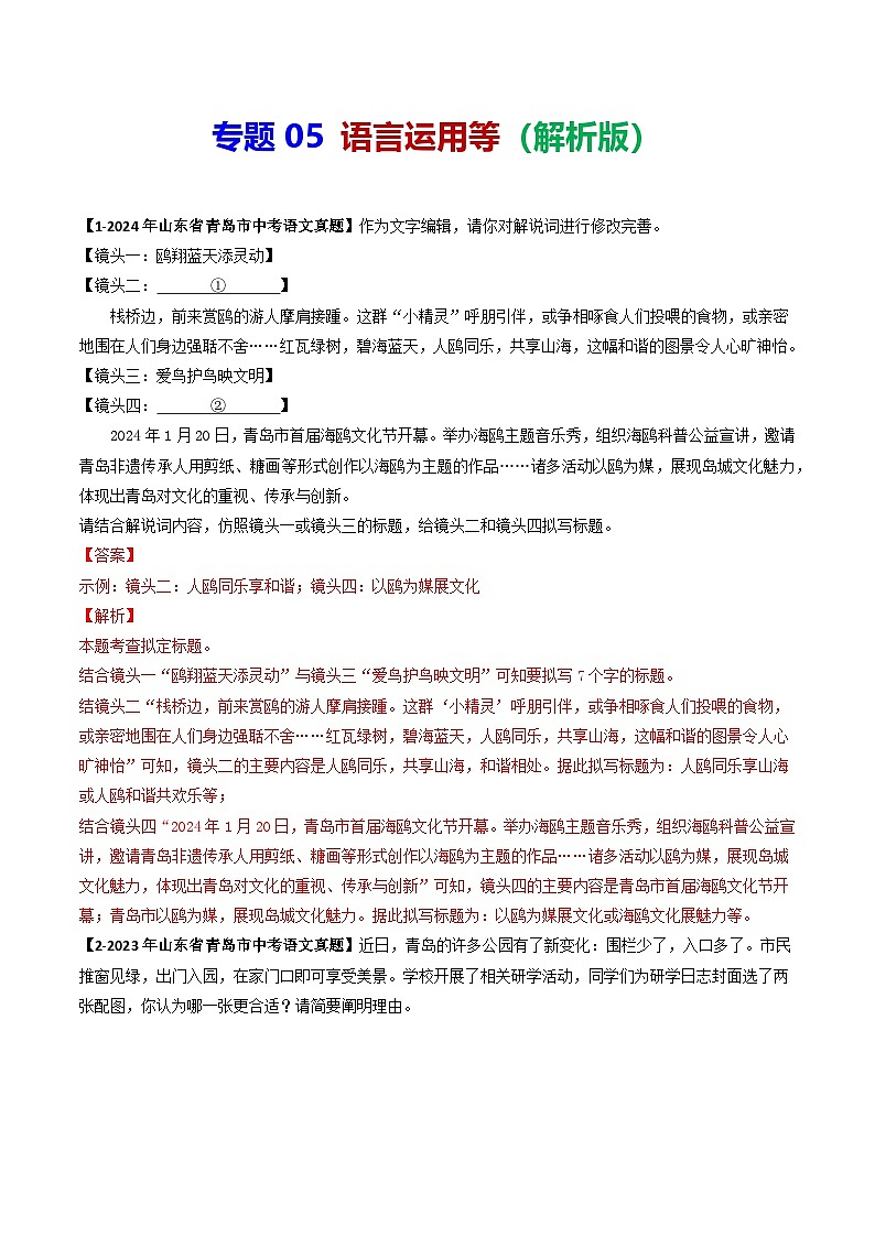 专题05 语言运用等-备战2025年中考语文专项精练（山东青岛专用）（解析版）第1页