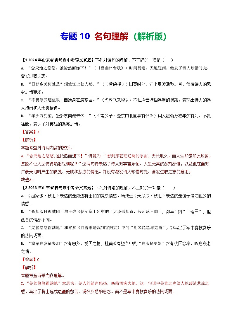 专题10 诗句理解-备战2025年中考语文专项精练（山东青岛专用）（解析版）第1页