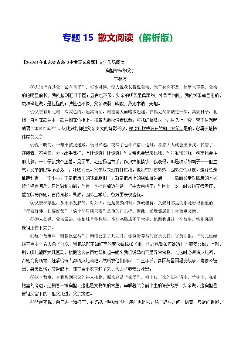 专题15 散文阅读-备战2025年中考语文专项精练（山东青岛专用）（解析版）第1页