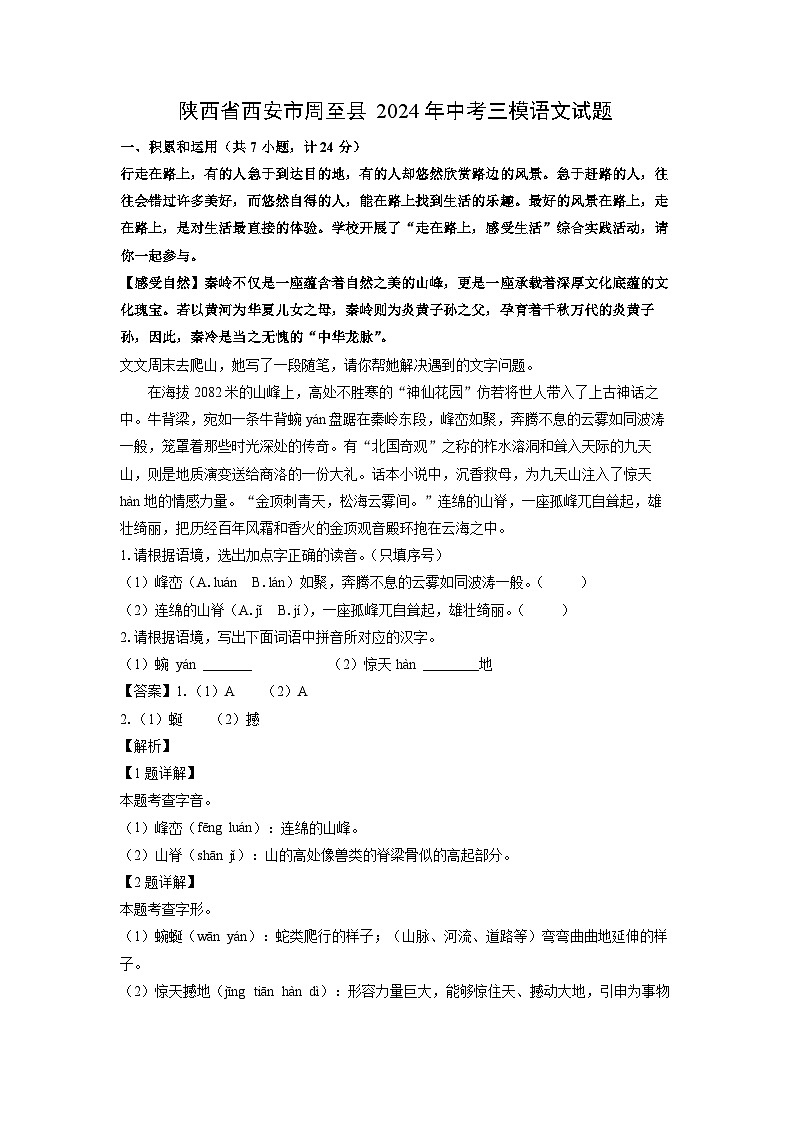 【语文】陕西省西安市周至县2024年中考三模试题（解析版）01