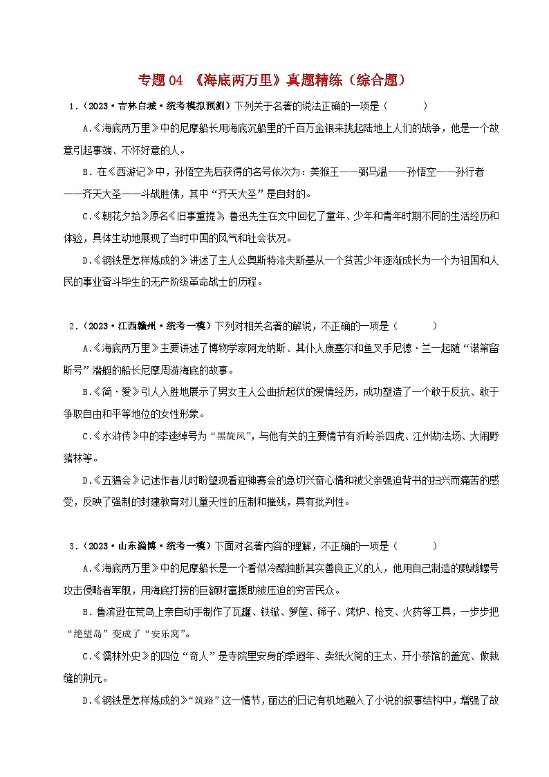 专题04《海底两万里》真题精练（综合题）（原卷版）－备战2024年中考语文名著阅读知识（考点）梳理+真题演练第1页