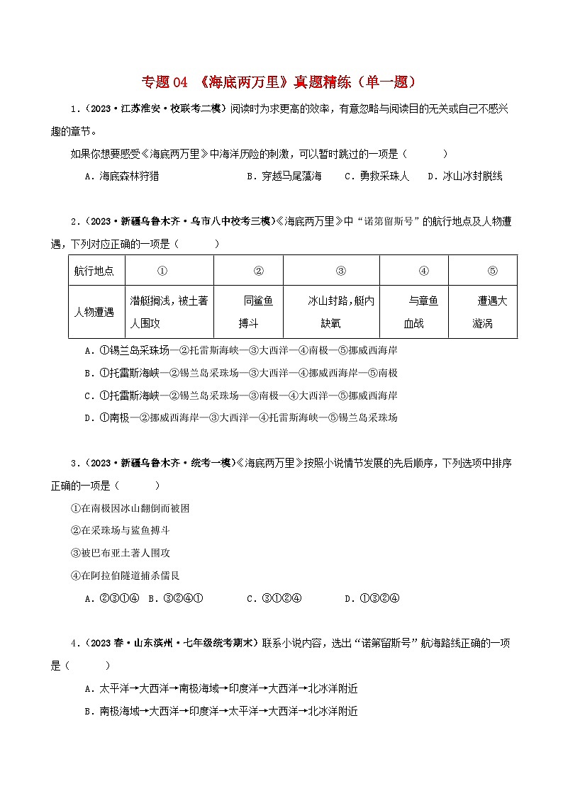 专题04《海底两万里》真题精练（单一题）（原卷版）－备战2024年中考语文名著阅读知识（考点）梳理+真题演练第1页
