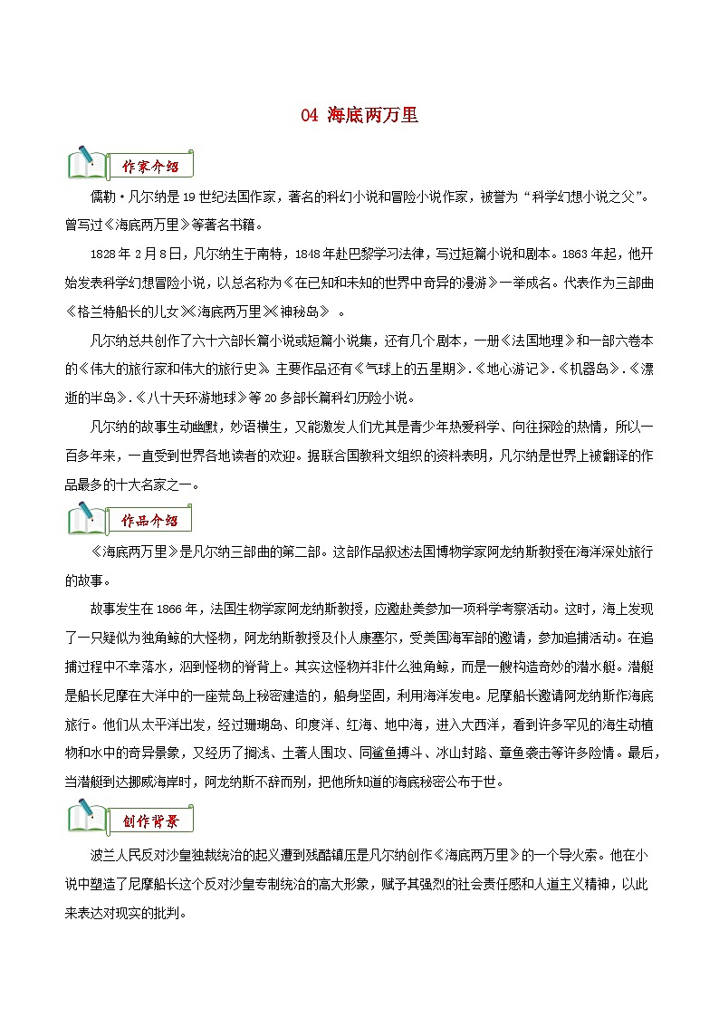 专题04《海底两万里》知识梳理－备战2024年中考语文名著阅读知识（考点）梳理+真题演练第1页