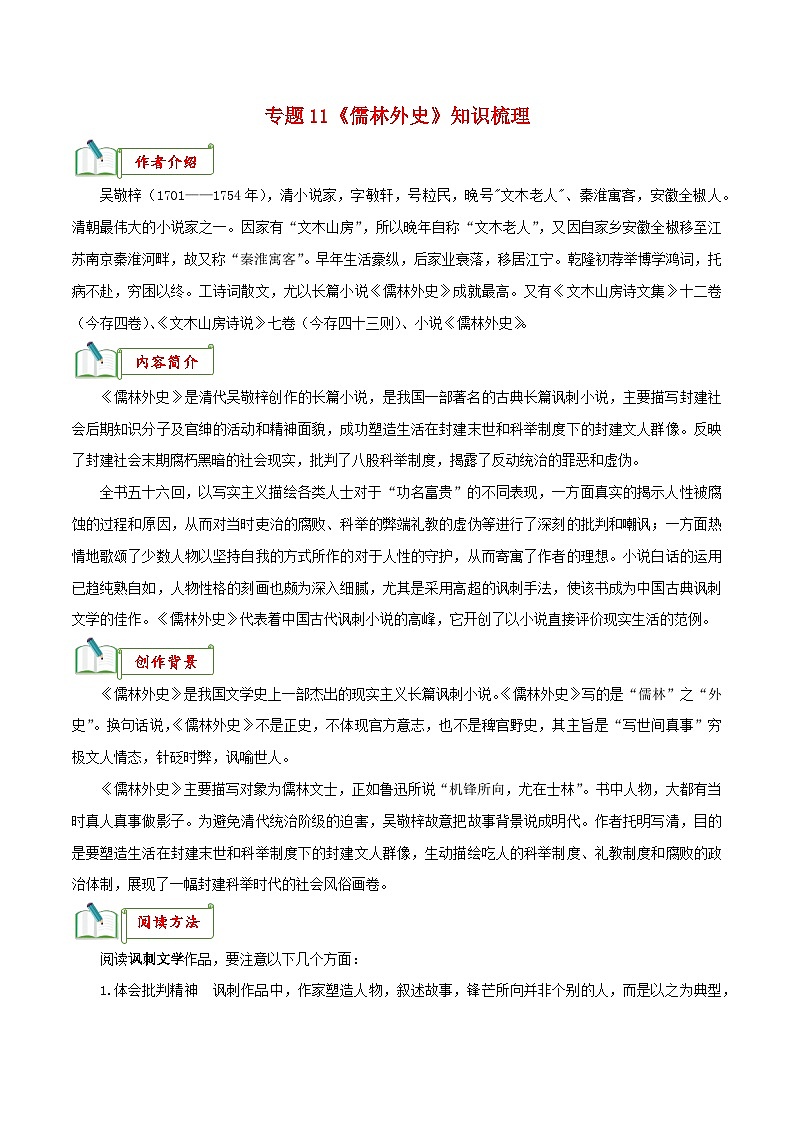 专题11《儒林外史》知识梳理－备战2024年中考语文名著阅读知识（考点）梳理+真题演练第1页