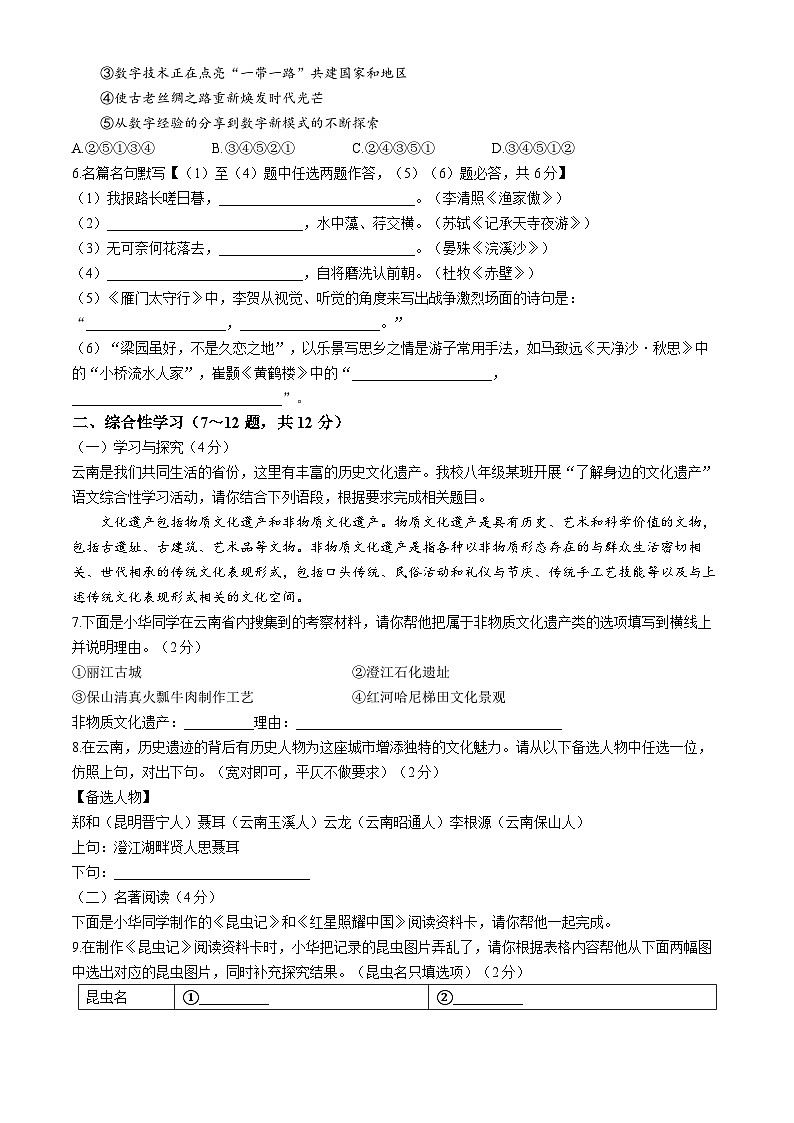 云南省昆明市嵩明县2023-2024学年八年级上学期期末语文试题第2页