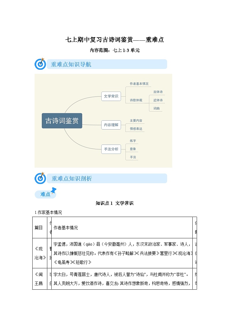 2024-2025学年度七年级上册语文期中重难点复习攻略——古诗词鉴赏重难点1-3单元（统编版2024）学案第1页