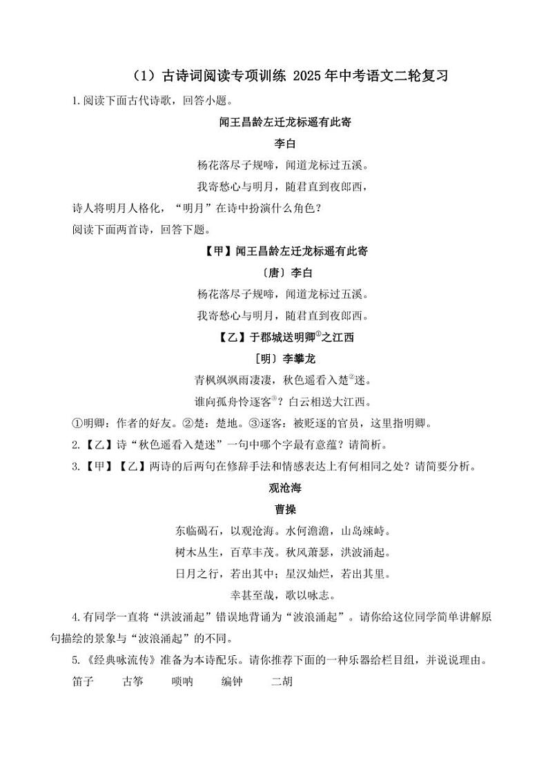 （1）古诗词阅读专项训练 2025年中考语文二轮复习（含解析）第1页