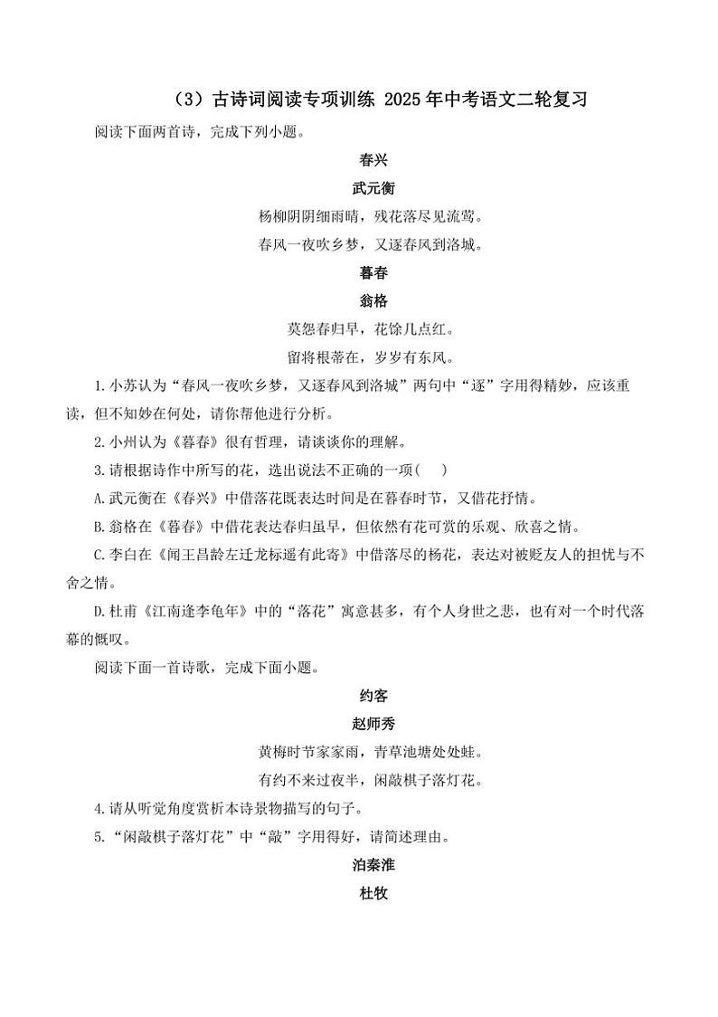 （3）古诗词阅读专项训练 2025年中考语文二轮复习（含解析）第1页
