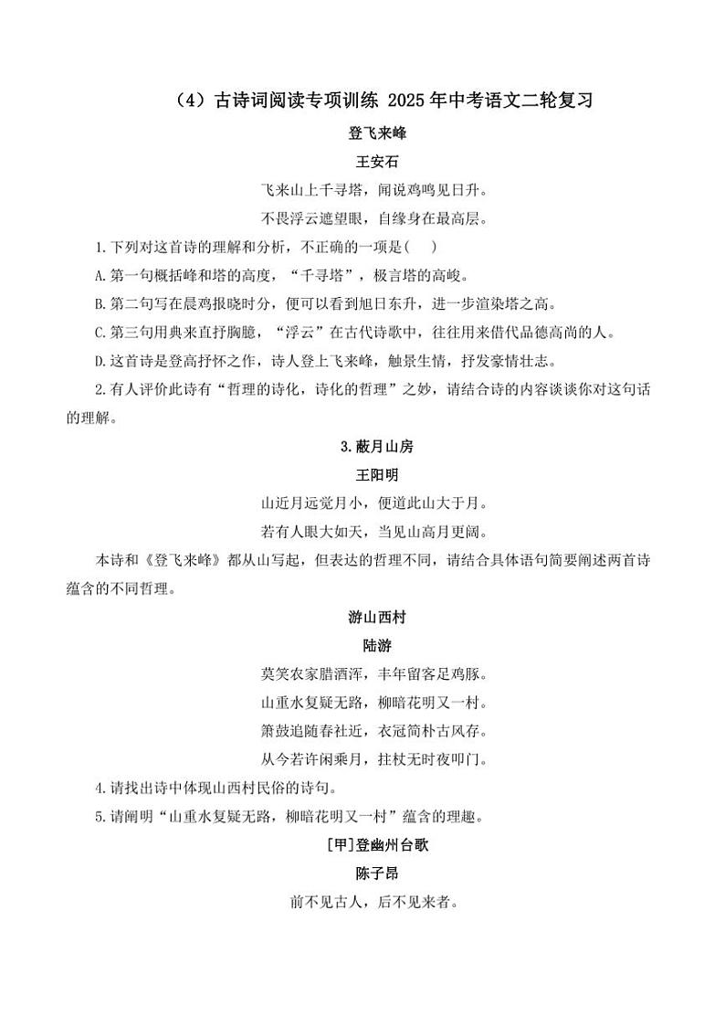 （4）古诗词阅读专项训练 2025年中考语文二轮复习（含解析）第1页