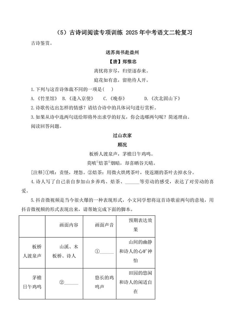 （5）古诗词阅读专项训练 2025年中考语文二轮复习（含解析）第1页