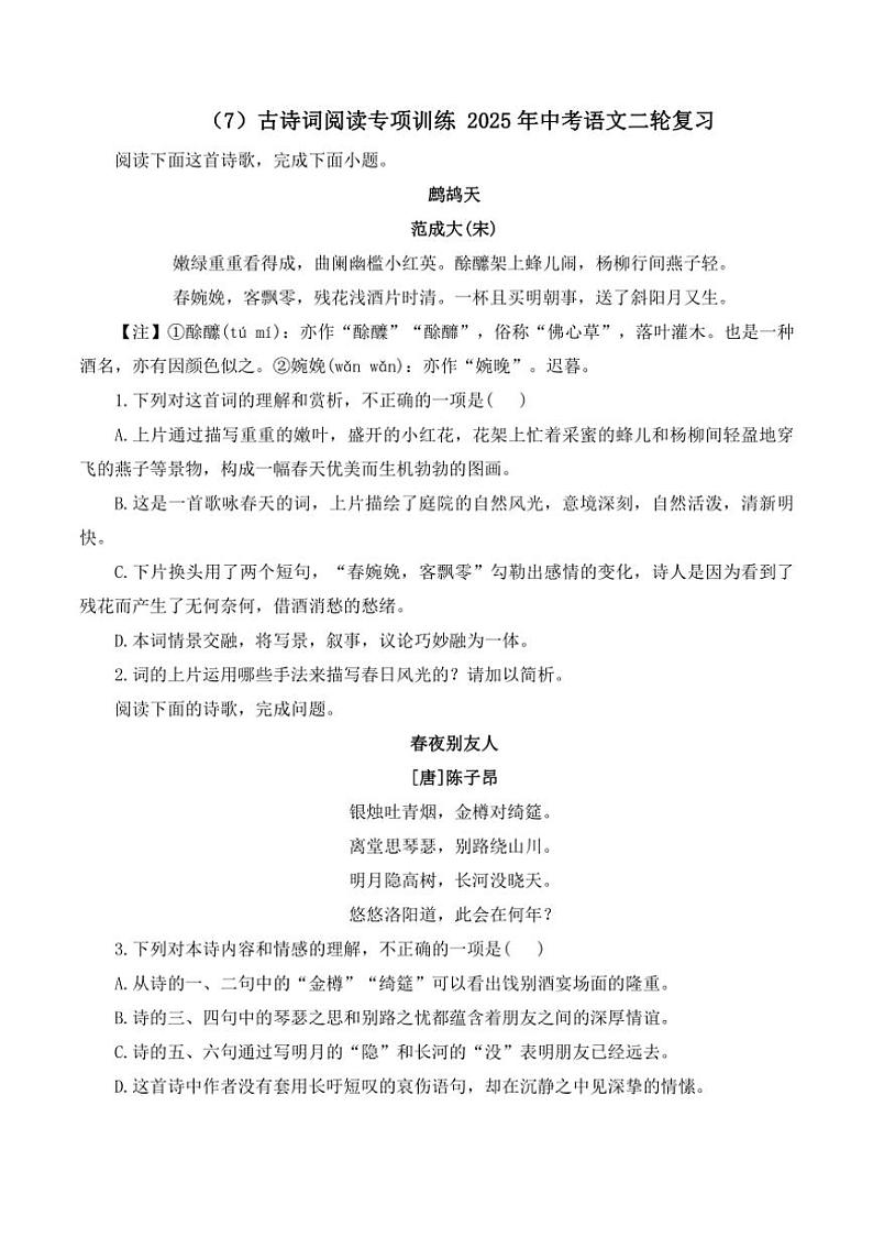 （7）古诗词阅读专项训练 2025年中考语文二轮复习（含解析）第1页
