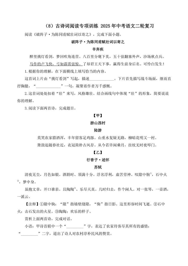 （8）古诗词阅读专项训练 2025年中考语文二轮复习（含解析）第1页