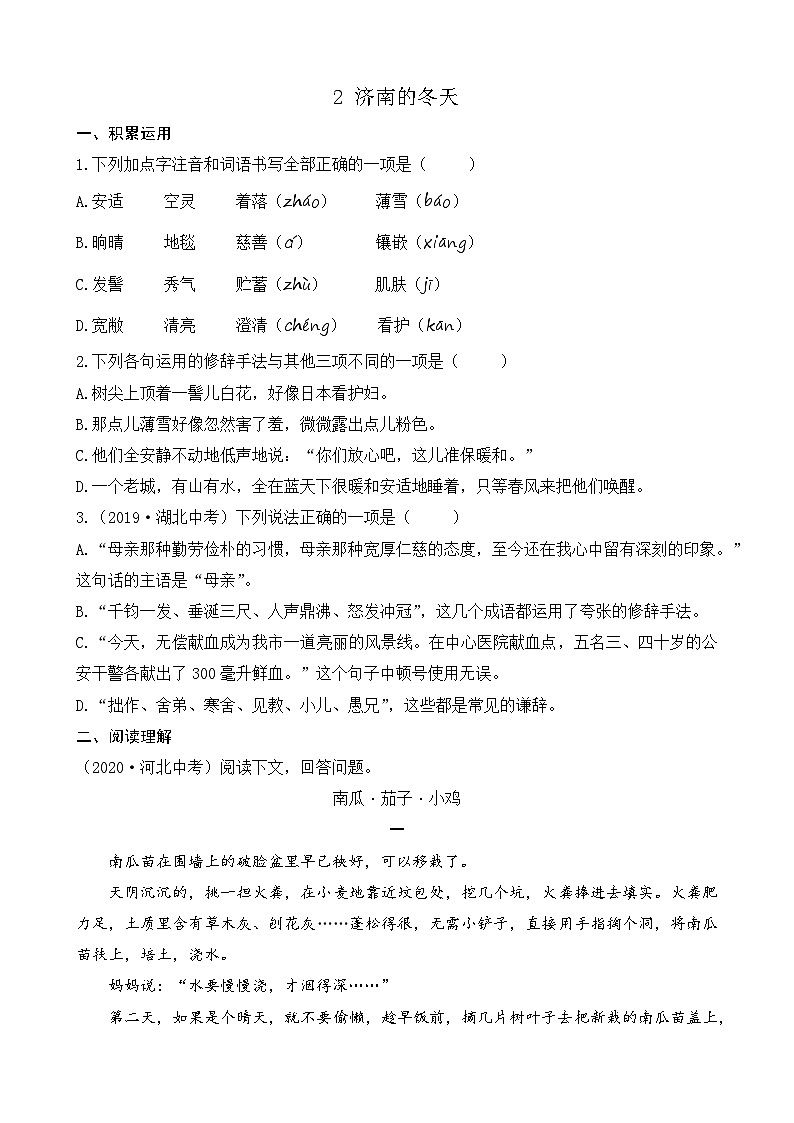 人教版（2024)语文七年级上册  第1单元  2 济南的冬天 PPT课件+教案+练习+说课稿01