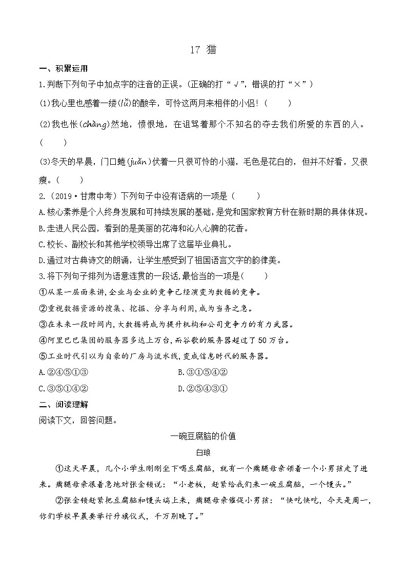 人教版（2024)语文七年级上册 第5单元 17 猫 PPT课件+教案+练习+说课稿01
