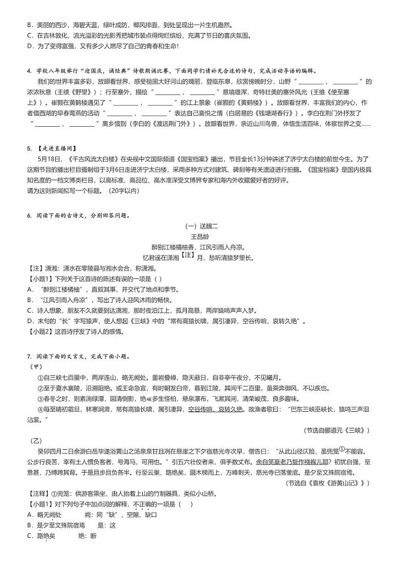 [语文]2024～2025学年山东聊城临清市临清市京华中学初二上学期月考语文试卷(第一次)原题版第2页