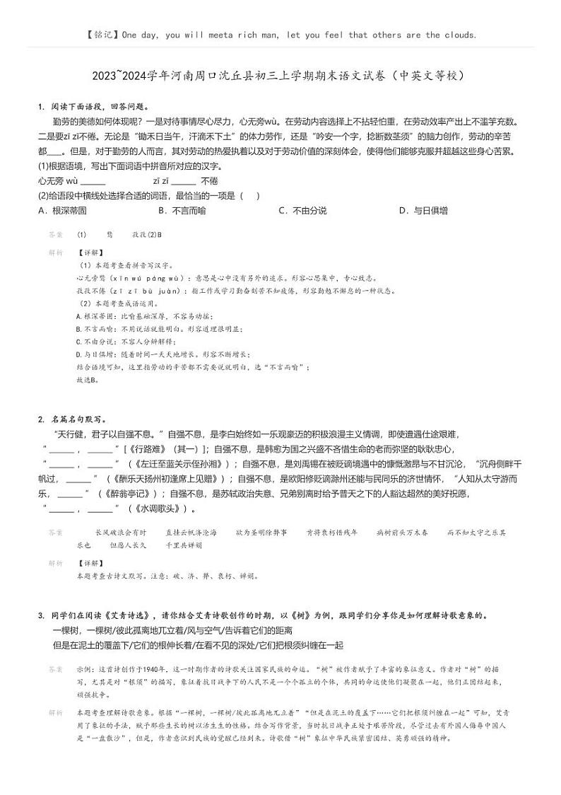 [语文]2023～2024学年河南周口沈丘县初三上学期期末语文试卷(中英文等校)解析版第1页