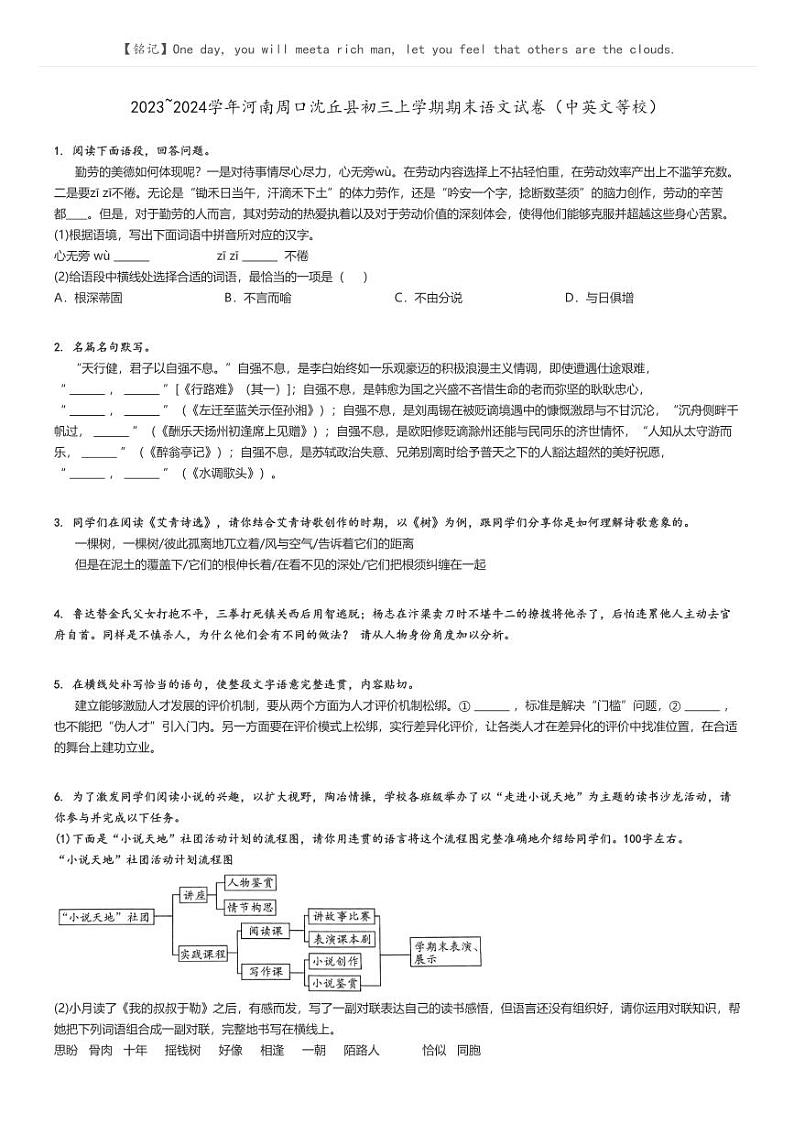 [语文]2023～2024学年河南周口沈丘县初三上学期期末语文试卷(中英文等校)原题版第1页