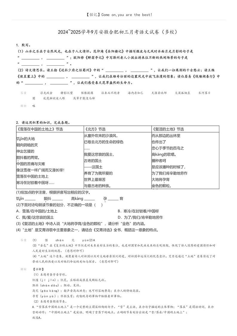 [语文]2024～2025学年9月安徽合肥初三月考语文试卷(多校)解析版第1页