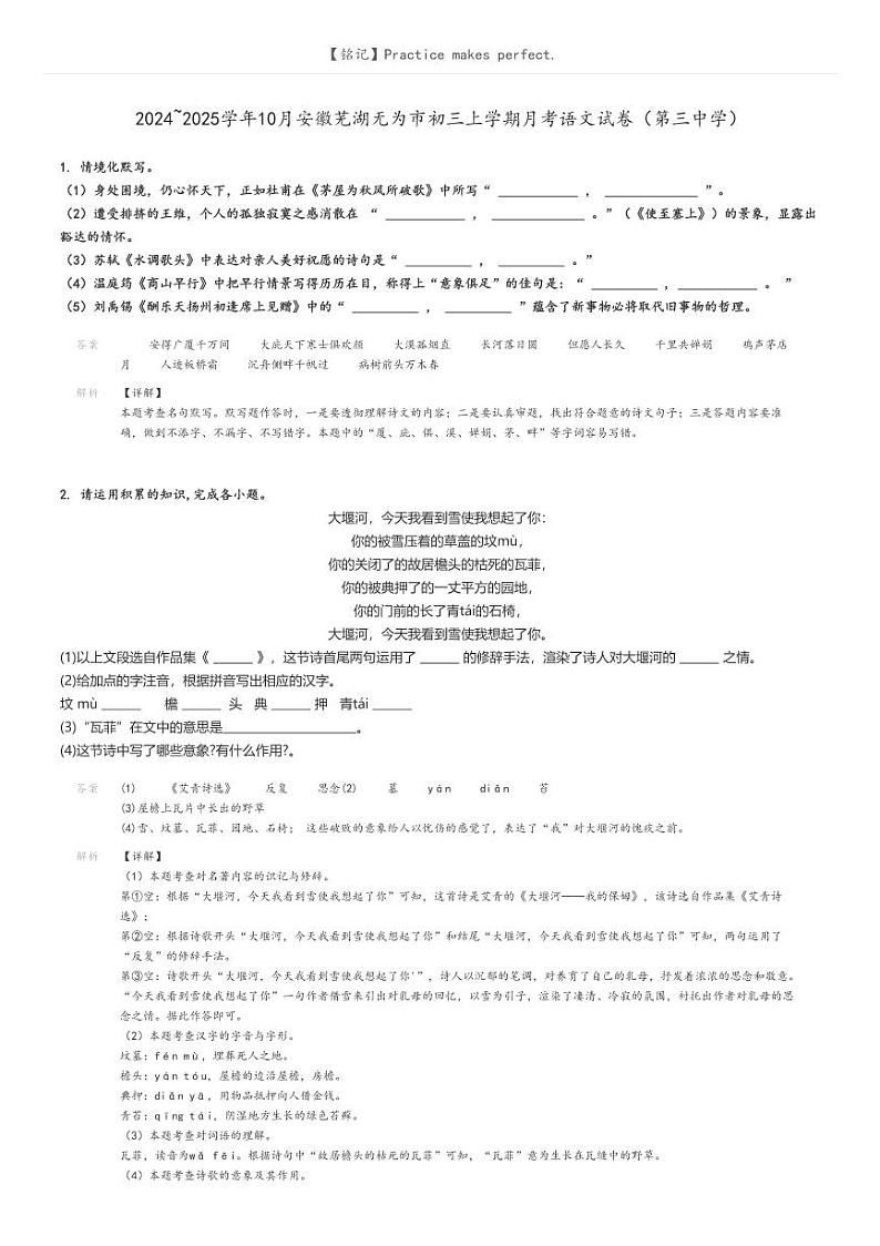 [语文]2024～2025学年10月安徽芜湖无为市初三上学期月考语文试卷(第三中学)解析版第1页
