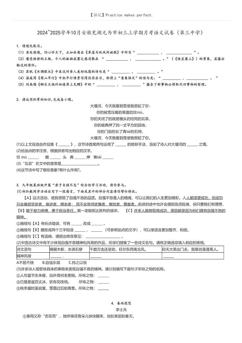 [语文]2024～2025学年10月安徽芜湖无为市初三上学期月考语文试卷(第三中学)原题版第1页