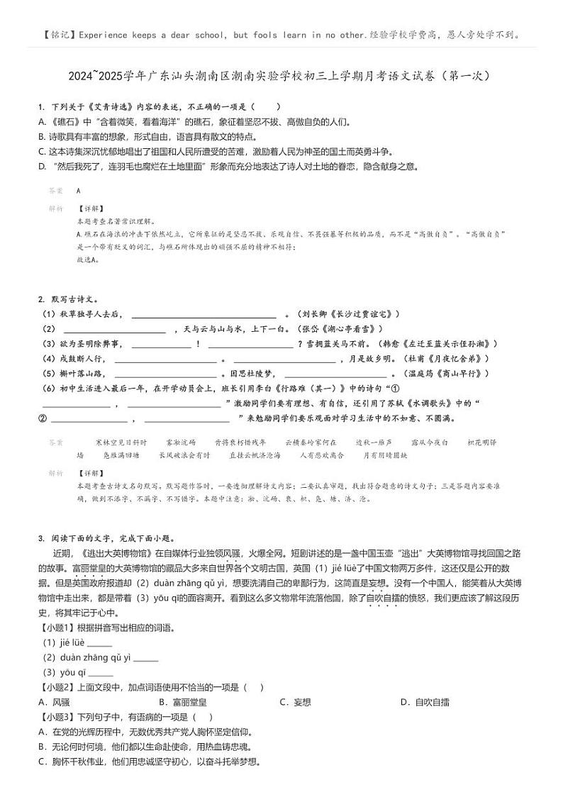 [语文]2024～2025学年广东汕头潮南区潮南实验学校初三上学期月考语文试卷(第一次)(原题版+解析版)01