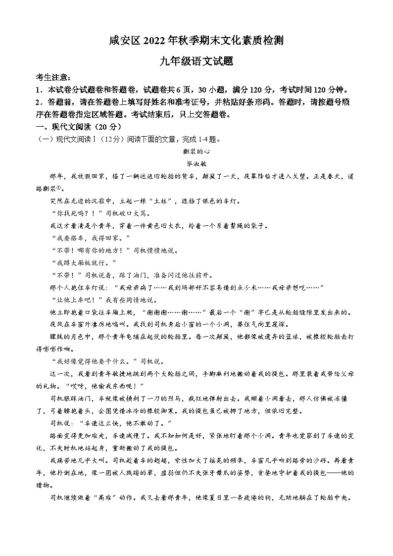 湖北省咸宁市咸安区2022-2023学年九年级上学期期末语文试题第1页