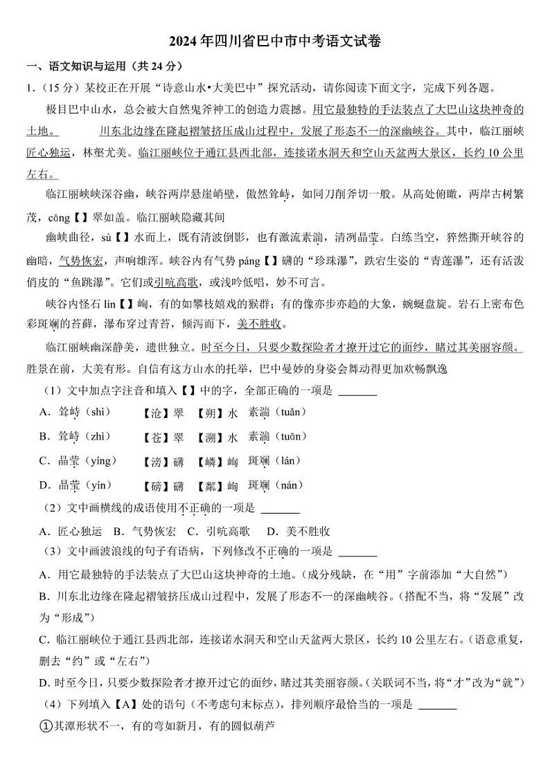 2024年四川省中考语文试卷十六套合卷附参考答案第1页