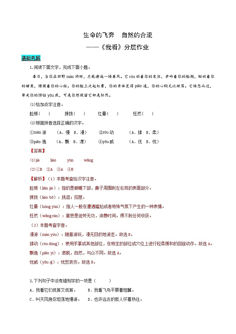 第06课 生命的飞奔 自然的合流——我看（分层作业）（含答案） 2024-2025学年九年级语文上册同步课堂（统编版）（学生专用）01